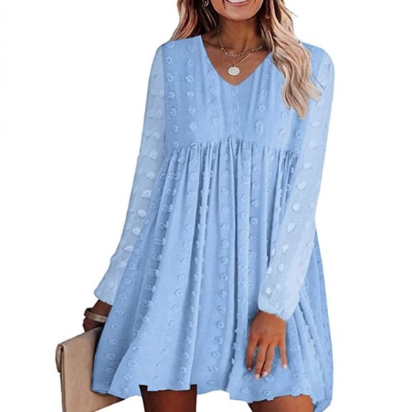 NEW! Swiss Dot Long Sleeve V-Neck Babydoll Mini Dress - Medium - Light Blue - Picture 1 of 6